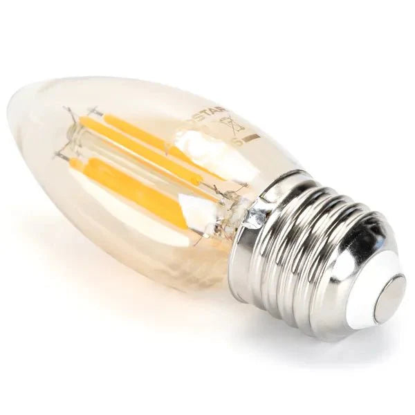 Een klassieke LED-lamp met glazen kap en zichtbare gele filamenten, voorzien van een zilverkleurige E27-schroefdraad. Geschikt voor warme, sfeervolle verlichting in huishoudelijke en decoratieve toepassingen.