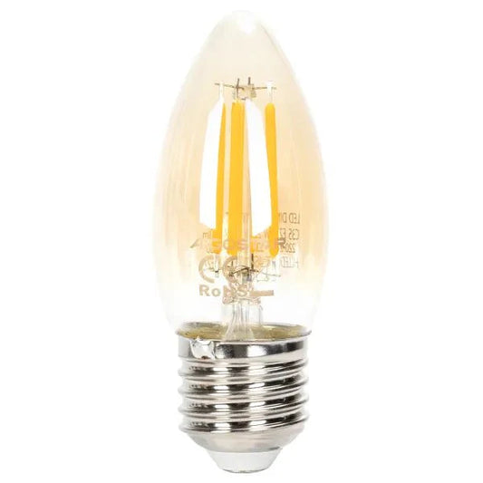 Een klassieke LED-kroonlamp met glazen kap en zichtbare gele filamenten, voorzien van een zilverkleurige E27-schroefdraad. Ideaal voor warme, sfeervolle verlichting in woon- en decoratieve toepassingen.