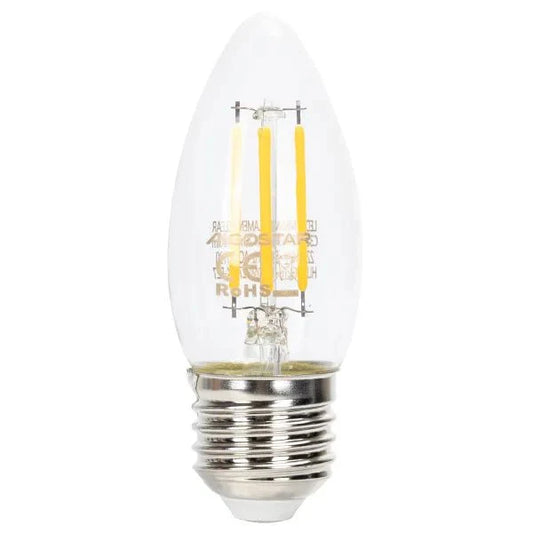 Een klassieke, transparante LED-lamp met een glazen kap en zichtbare gele filamenten, voorzien van een zilverkleurige E27-schroefdraad. Geschikt voor warme, sfeervolle verlichting in woon- en decoratieve toepassingen.