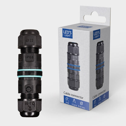 Zwarte IP68 waterdichte kabelconnector met blauwe rubberen banden, geschikt voor industriële toepassingen. Zichtbaar met geïntegreerde kabels en kleurrijke draden voor betrouwbare verbindingen.