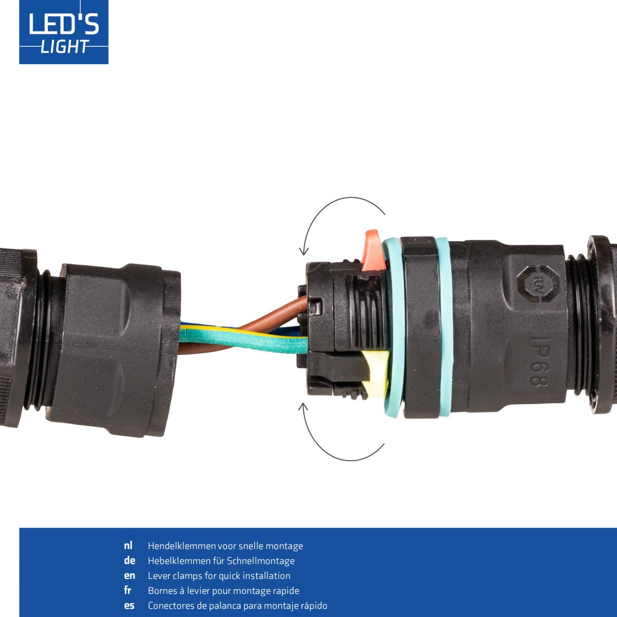 Zwart, IP68-geschikt kabelconnector met blauwe rubberen ringen, geschikt voor industriële elektrische aansluitingen. Zichtbaar met gekleurde draden en witte kabels voor veilige, waterdichte verbindingen.