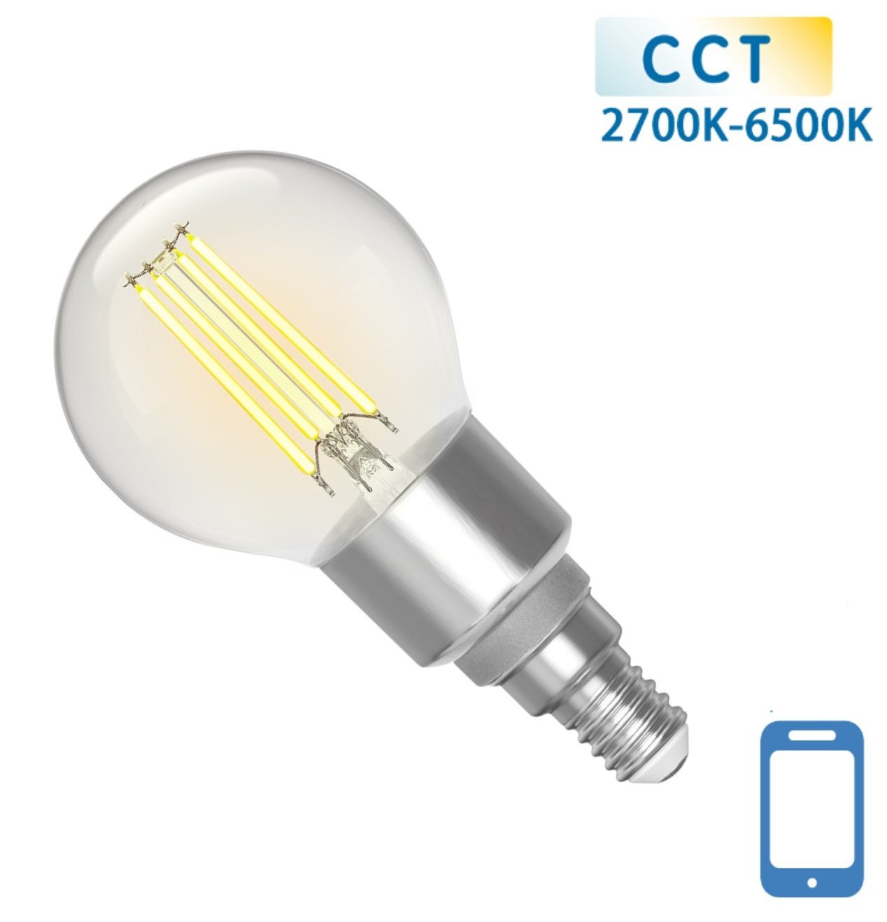 Een glazen LED-lamp met filamentverlichting en E14-schroefdraad, uitgevoerd in helder wit, met een kleurtemperatuur van 2700K tot 6500K voor flexibele verlichting in huishoudelijke en decoratieve toepassingen.
