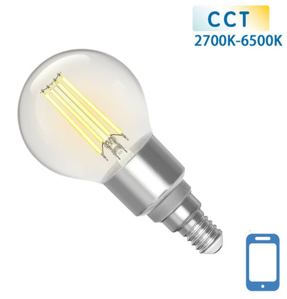 Een glazen LED-lamp met filamentverlichting en E14-schroefdraad, uitgevoerd in helder wit, met een kleurtemperatuur van 2700K tot 6500K voor flexibele verlichting in huishoudelijke en decoratieve toepassingen.