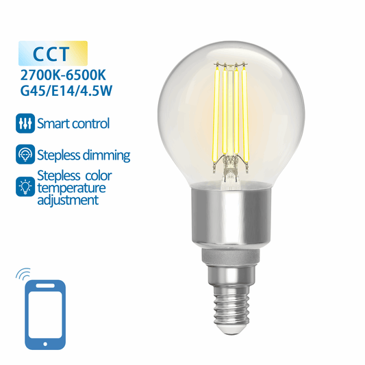 Een glazen filamentlamp met E14-schroefdraad, uitgerust met gele LED-filamenten en een zichtbare CCT-schakelaar voor kleurtemperatuur van 2700K tot 6500K, geschikt voor slimme huisautomatisering.