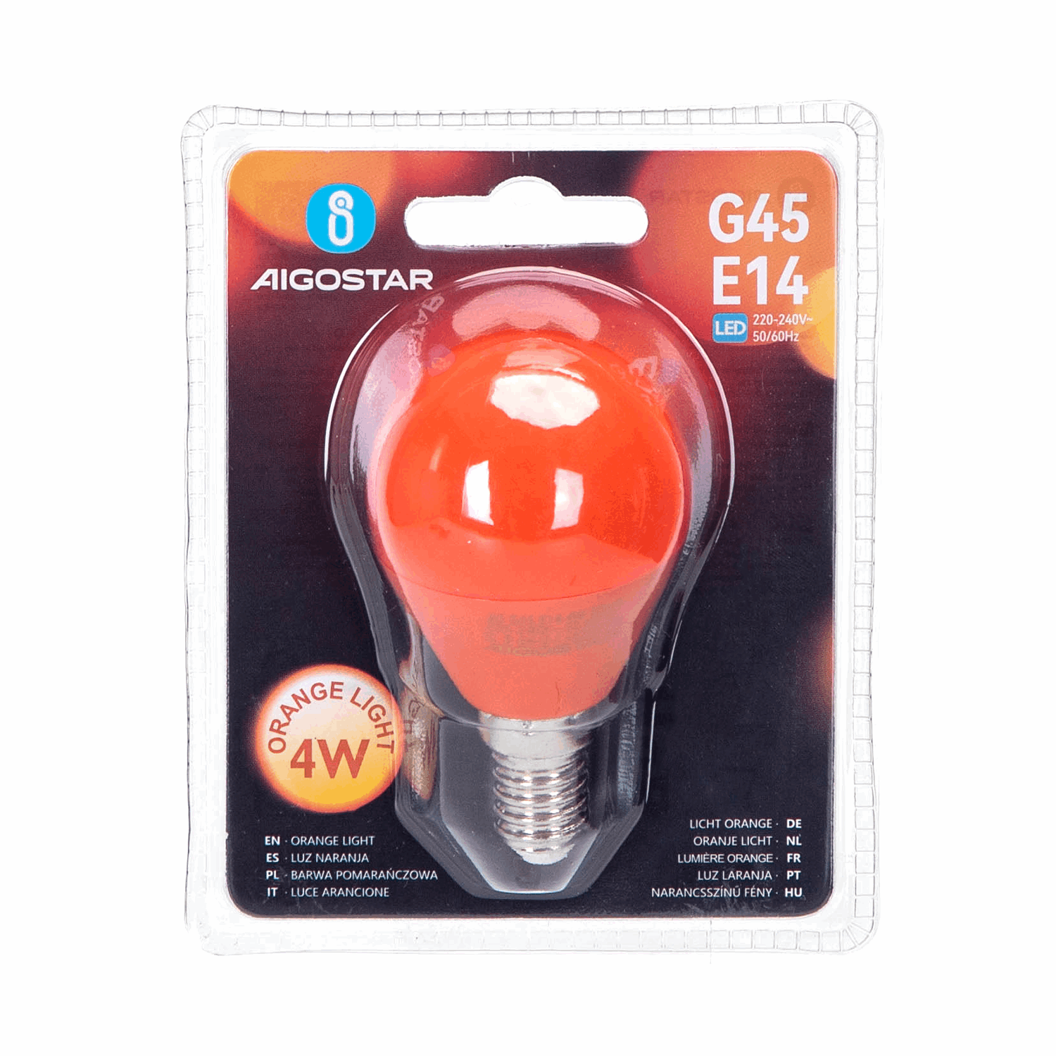 Oranje LED-lamp met E14-schroefdraad, glanzend plastic kap en zichtbare CE-keurmerken. Perfect voor moderne huisverlichting en nachtelijke sfeercreatie in woonhuizen.