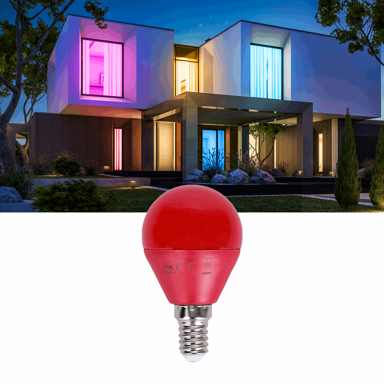 Rode LED-lamp met E14-schroefdraad, glanzend oppervlak en CE-keurmerken. Ideaal voor moderne huisverlichting en kleurrijke interieurs.