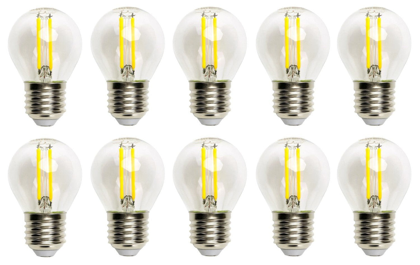 Zes glazen filamentlampen met zichtbare gele LED-strepen en zilverkleurige E27-schroefdraad, geschikt voor vintage verlichting in woon- en kantoorruimtes.