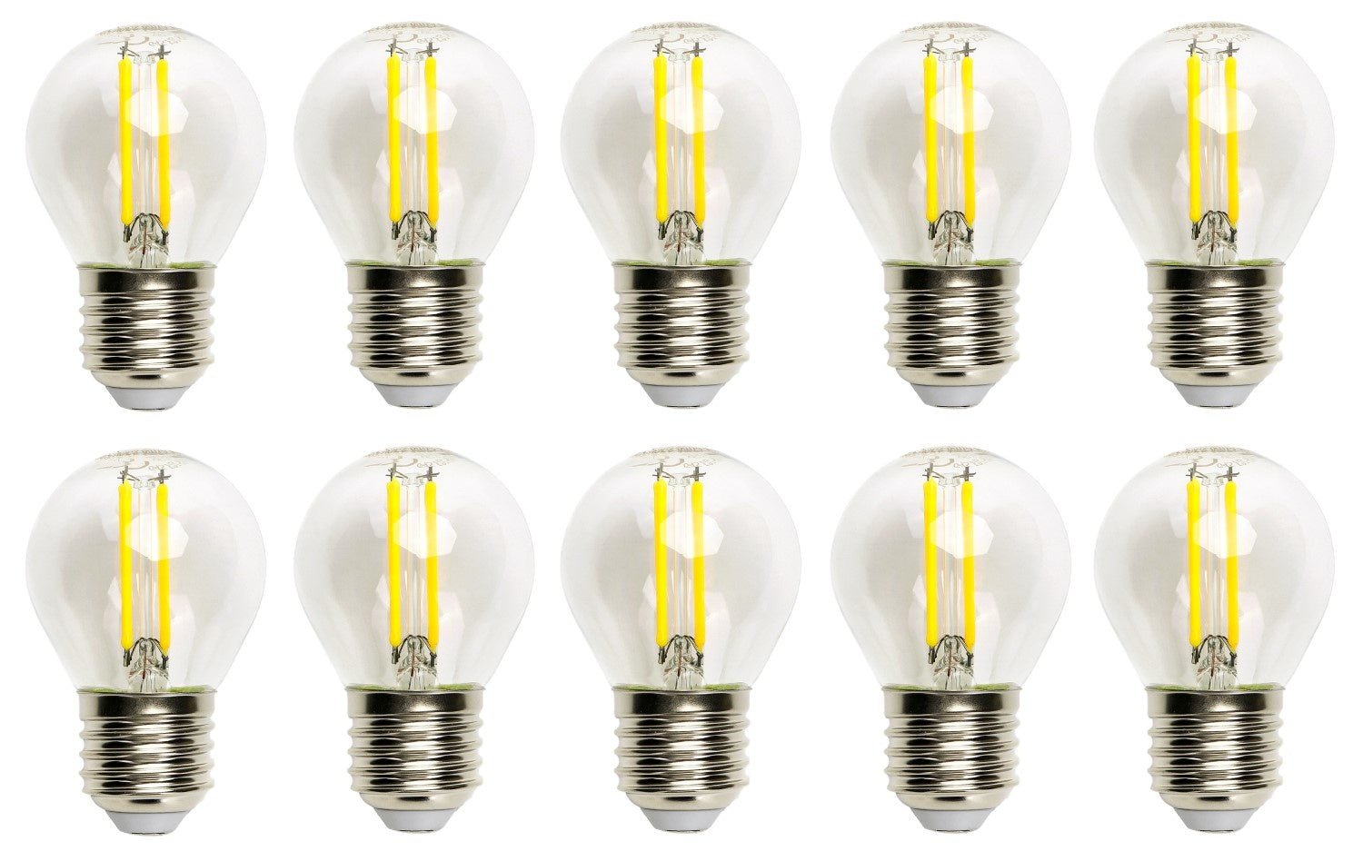 Zes glazen filamentlampen met zichtbare gele LED-strepen en zilverkleurige E27-schroefdraad, geschikt voor vintage verlichting in woon- en kantoorruimtes.
