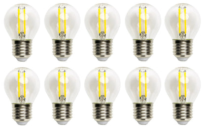 Zes glazen filamentlampen met zichtbare gele LED-strepen en zilverkleurige E27-schroefdraad, geschikt voor vintage verlichting in woon- en kantoorruimtes.