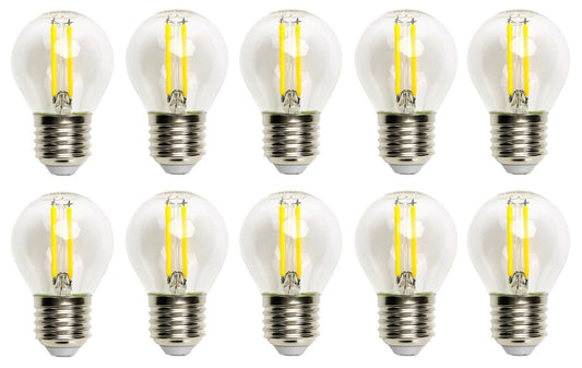 Zes glazen filamentlampen met zichtbare gele LED-strepen en zilverkleurige E27-schroefdraad, geschikt voor vintage verlichting in woon- en kantoorruimtes.