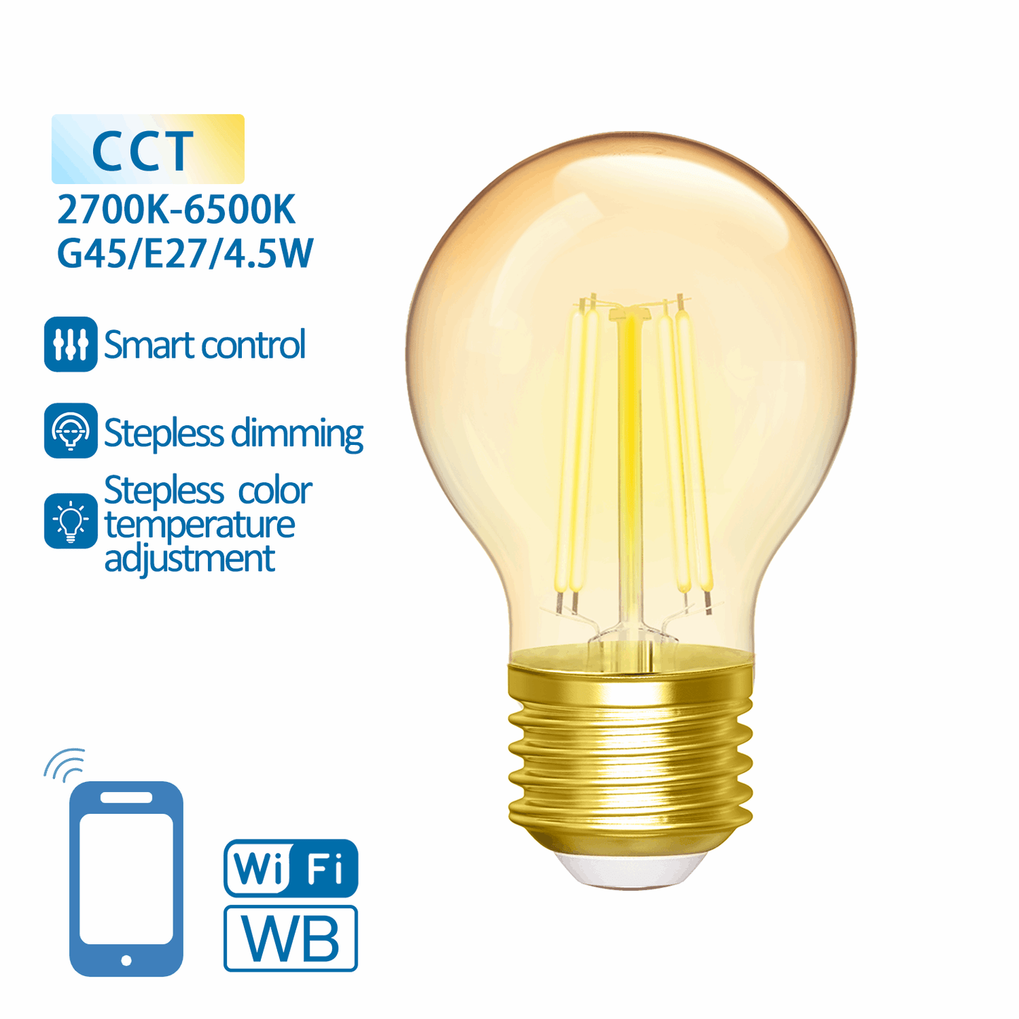 Gouden filamentlamp met E27-schroefdraad en zichtbare LED-draden, geschikt voor slimme verlichting. Kleurtemperatuur variabel van 2700K tot 6500K voor flexibele sfeer.
