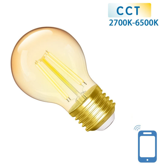 Een goudkleurige LED-lamp met filamentverlichting en E27-schroefdraad, geschikt voor slimme huisautomatisering. Kleurtemperatuur varieert van 2700K tot 6500K voor flexibele verlichting.