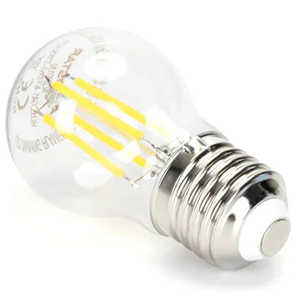 Een glazen LED-lamp met E27-schroefdraad, helder en klassiek ontwerp, met zichtbare gele filamenten. Geschikt voor warme, sfeervolle verlichting in huishoudelijke en decoratieve toepassingen.