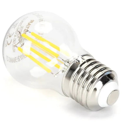Een glazen LED-lamp met E27-schroefdraad, helder en klassiek ontwerp, met zichtbare gele filamenten. Geschikt voor warme, sfeervolle verlichting in huishoudelijke en decoratieve toepassingen.