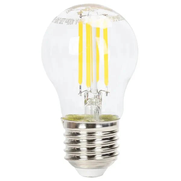 Een klassieke, transparante LED-lamp met zichtbare gele filamenten en een zilverkleurige E27-schroefdraad, geschikt voor warme, retroverlichting in huishoudelijke of decoratieve toepassingen.