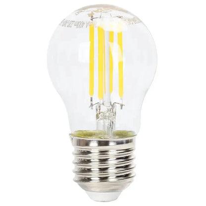 Een klassieke, transparante LED-lamp met zichtbare gele filamenten en een zilverkleurige E27-schroefdraad, geschikt voor warme, retroverlichting in huishoudelijke of decoratieve toepassingen.