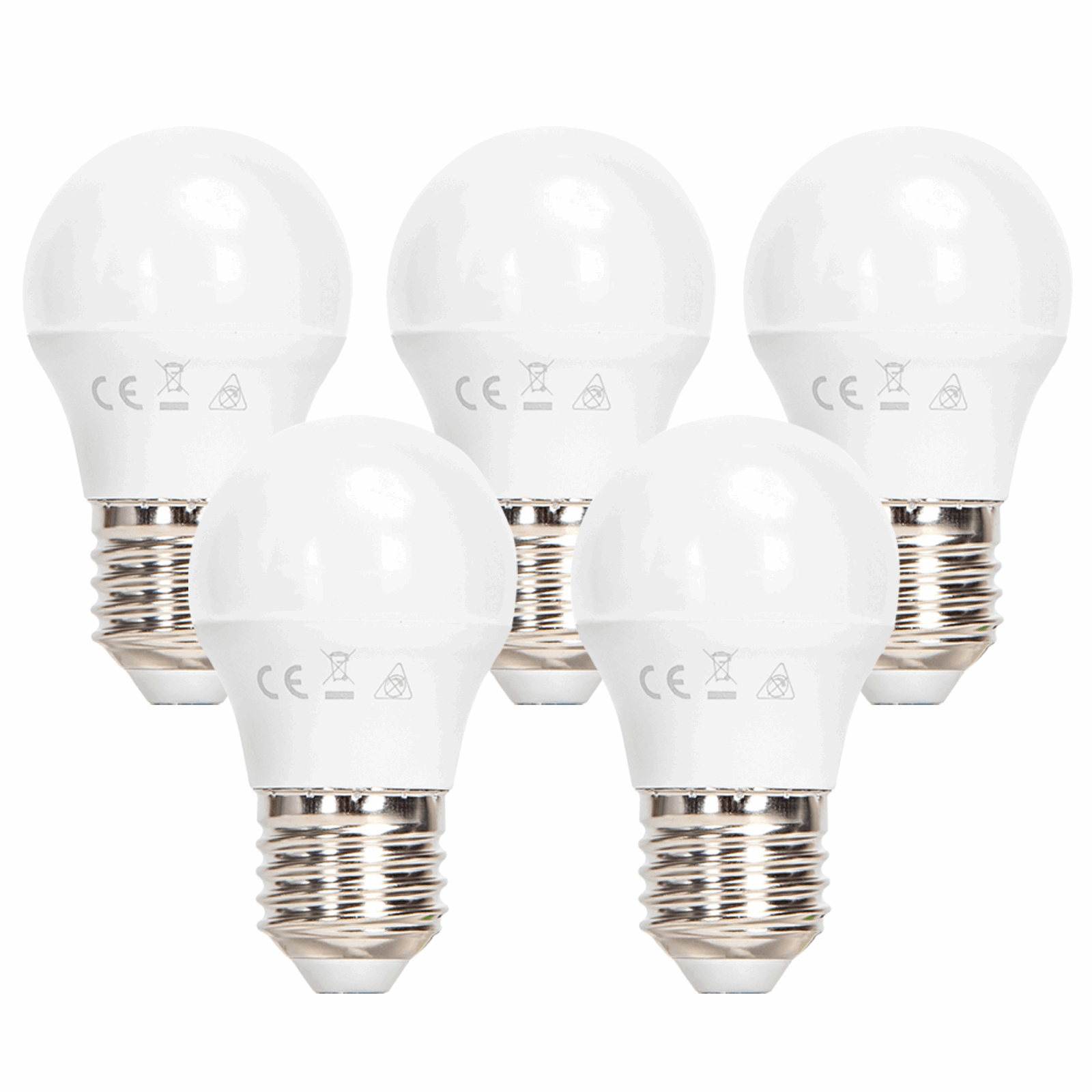 Vijf witte LED-lampen met E27-schroefdraad, glanzend metaal en transparante kap. Geschikt voor energiezuinig verlichting in huishoudens en kantoren.
