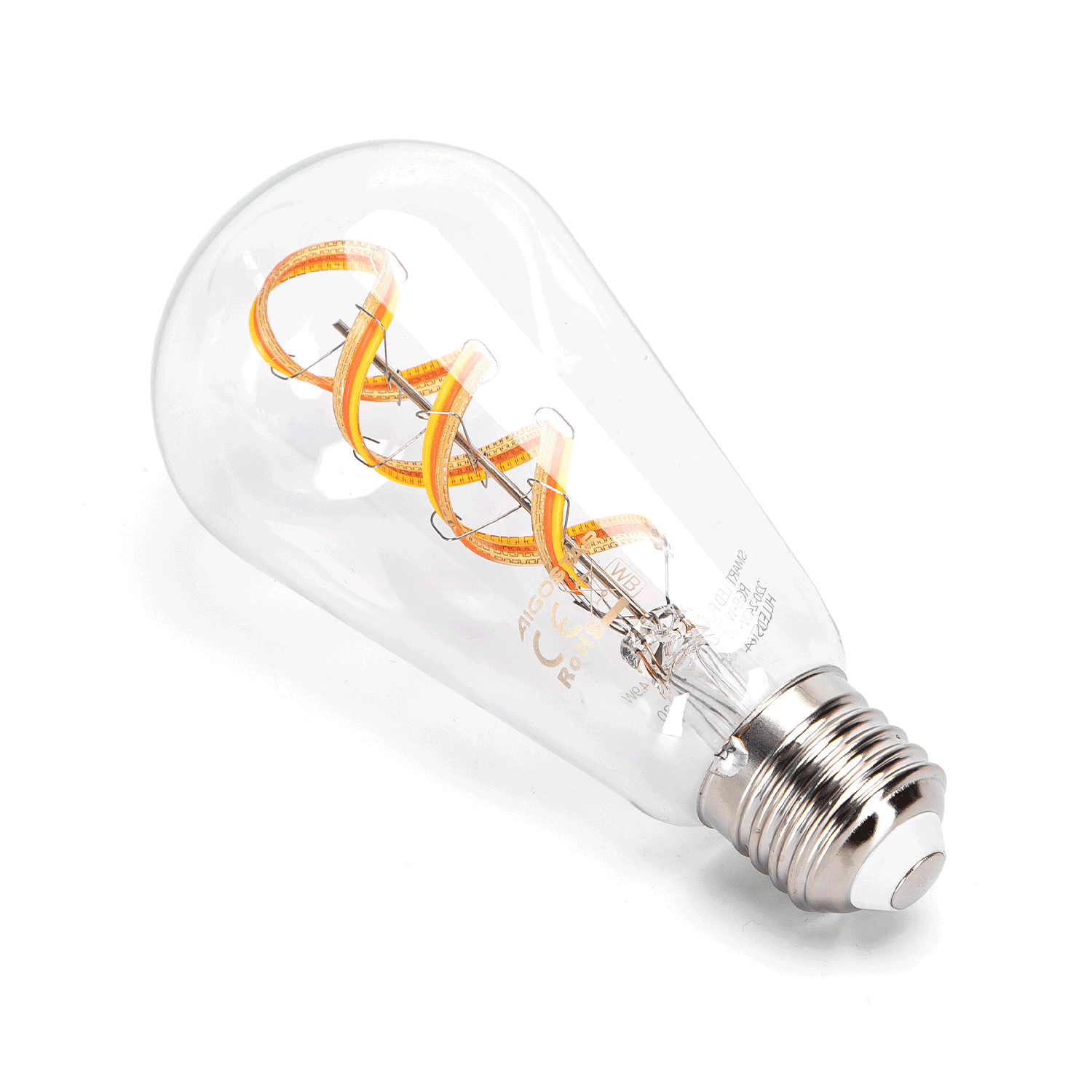 Een kleurrijke, vintage stijl LED-lamp met een glazen kap in regenboogkleuren en een gele spiraalvormige filament. Geschikt voor sfeerverlichting in woonkamer of slaapkamer.