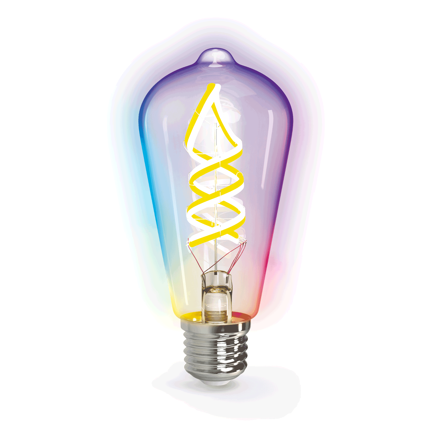 Een kleurrijke, vintage stijl LED-lamp met een glazen kap in regenboogkleuren en een gele, spiraalvormige filament. Perfect voor sfeerverlichting in woonkamer of slaapkamer.