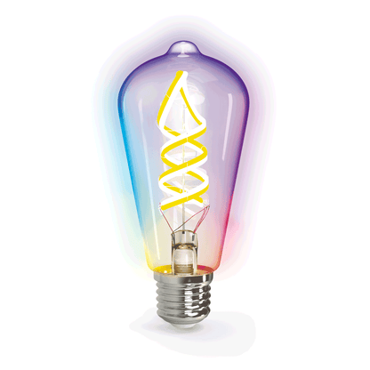 Een kleurrijke, vintage stijl LED-lamp met een glazen kap in regenboogkleuren en een gele, spiraalvormige filament. Perfect voor sfeerverlichting in woonkamer of slaapkamer.