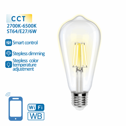 Een glazen LED-lamp met zichtbare gele filamenten en zilverkleurige E27-schroefdraad, bedoeld voor slimme huisverlichting. Kleurtemperatuur varieert van 2700K tot 6500K voor flexibele sfeer in woon- en werkomgevingen.