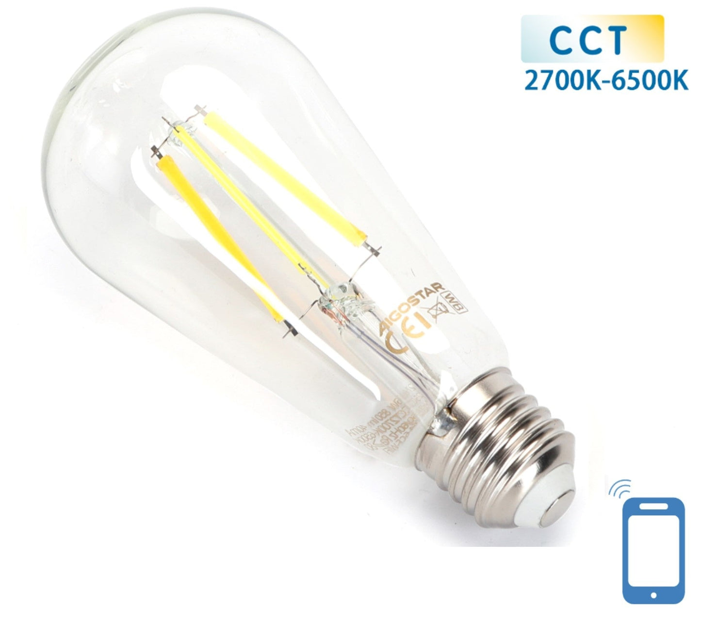 Een glazen LED-lamp met zichtbare gele filamenten en zilverkleurige E27-schroefdraad, bedoeld voor slimme verlichting via smartphone-app. Geschikt voor woon- en werkomgevingen met aanpasbare kleurtemperatuur van 2700K tot 6500K.