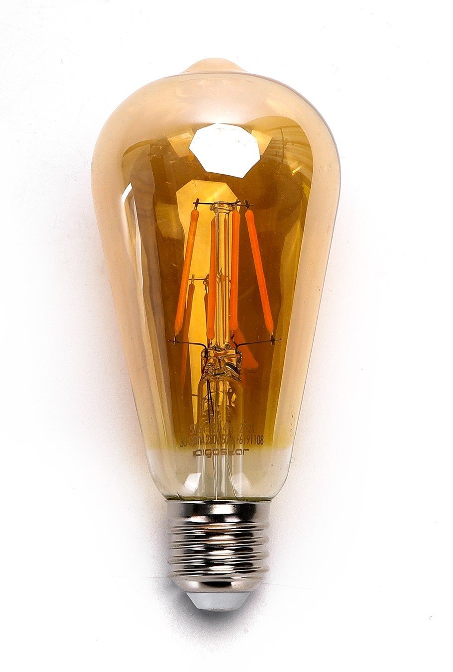 Gouden vintage LED-lampen met glazen kap en zichtbare draad, geplaatst in een rij. Perfect voor retro verlichting in woon- of decoratieve projecten.
