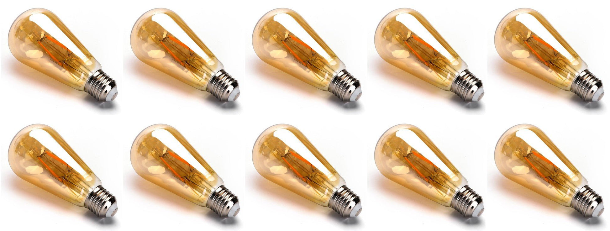 Gouden vintage LED-lampen met glazen kap en zichtbare draad, geplaatst in een rij. Perfect voor retro verlichting in woon- en decoratiesituaties.