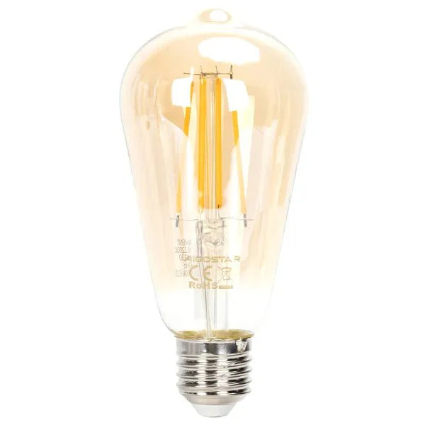 Een klassieke, amberkleurige LED-lamp met filamentverlichting en zichtbare E27-schroefdraad. Perfect voor vintage interieurs en warme sfeercreatie in woon- en decoratieruimtes.