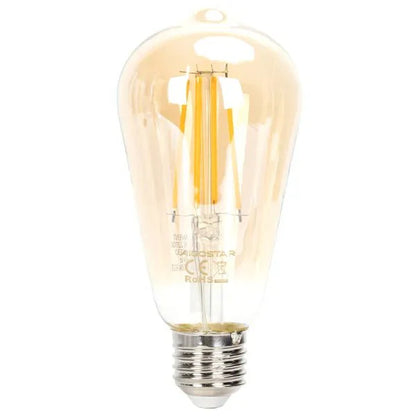 Een klassieke, amberkleurige LED-lamp met filamentverlichting en zichtbare E27-schroefdraad. Perfect voor vintage interieurs en warme sfeercreatie in woon- en decoratieruimtes.
