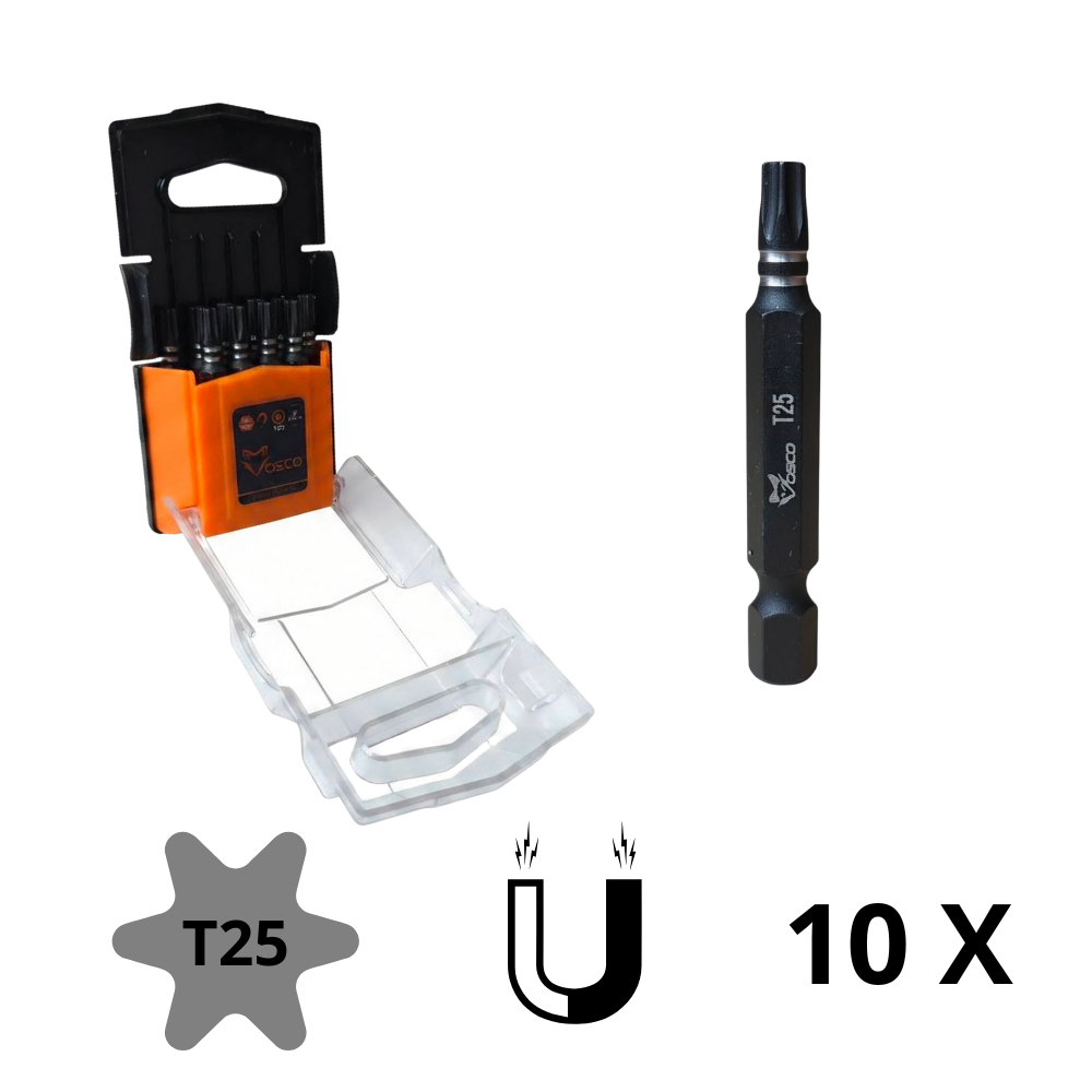 T25 magnetische schroevendraaierbits van Vosco, zwart met zichtbare merknaam, in een oranje en transparante opbergdoos. Geschikt voor precisie-schroefwerk en elektrische reparaties.