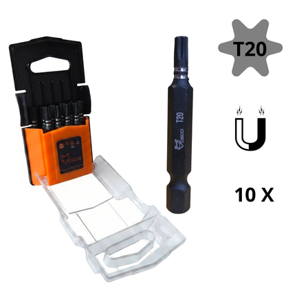 Een 10-delige Torx T20 bitset van Osco, gemaakt van S2 staal, in een handige oranje opbergcase. De bits zijn 50 mm lang en geschikt voor professioneel gebruik met schroefmachines.