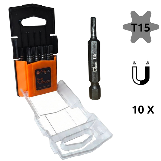 T15 magnetische schroevendraaierset van VESCO, bestaande uit tien zwarte bitjes in een oranje en zwarte houder, geschikt voor precisiewerkzaamheden en elektronica.
