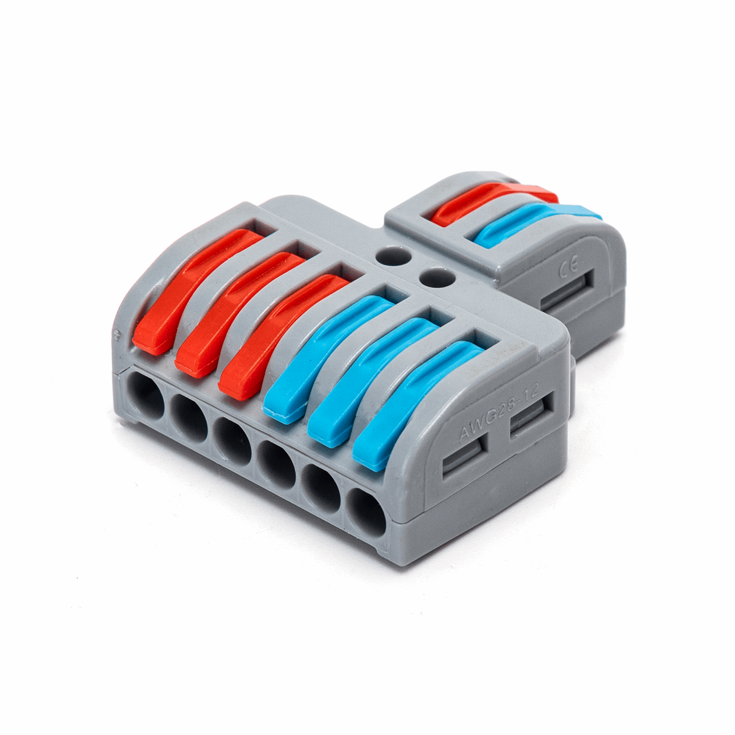 Grijze elektrische aansluitingen met rode en blauwe kleurmarkeringen, geschikt voor thuisinstallaties. Zichtbare metalen contactpunten en plastic behuizing voor veilige stroomverbinding.