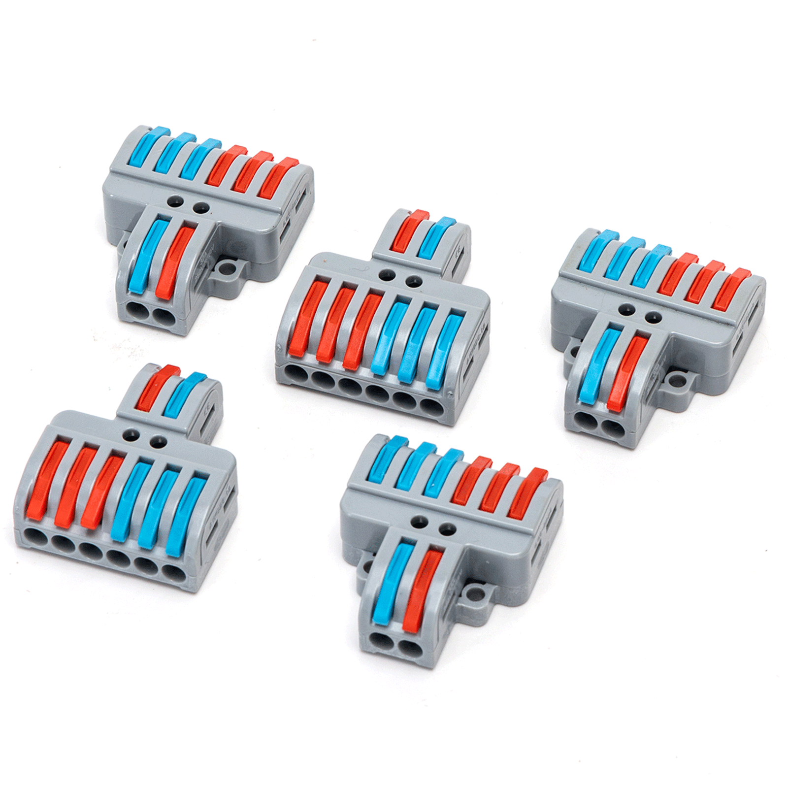 Grijze elektrische aansluitingen met rode en blauwe kleurmarkeringen, geschikt voor kabelverbindingen. Perfect voor DIY-projecten en elektrische installaties.