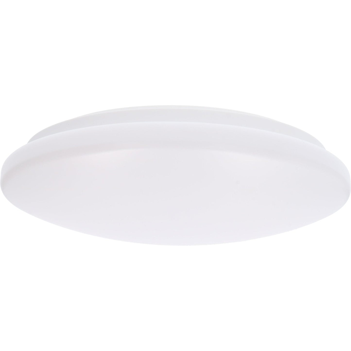 Een witte, ronde LED plafondlamp met glad oppervlak, geplaatst naast haar verpakking. Geschikt voor moderne badkamers en woonruimtes, met een minimalistisch design voor zacht, effen licht.