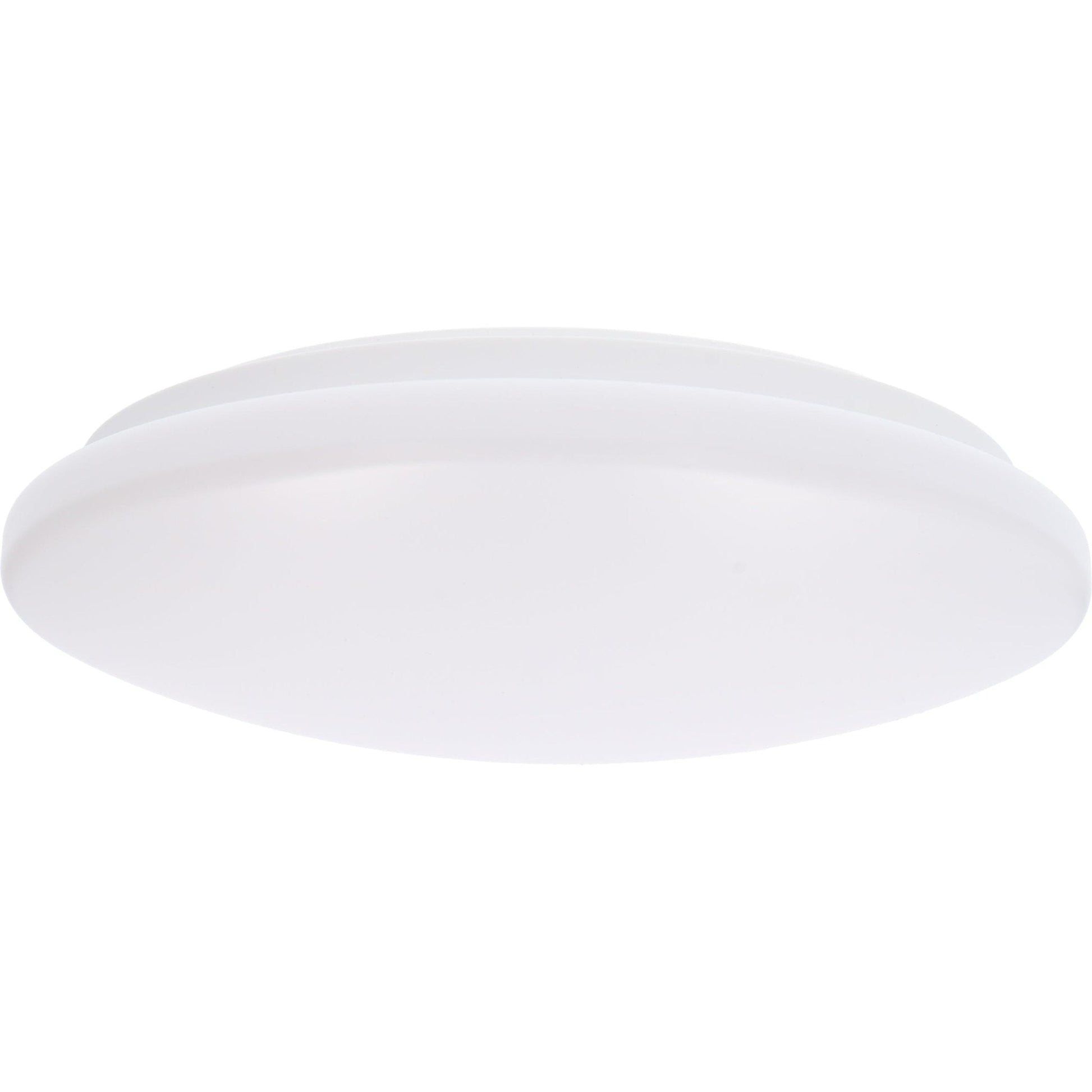 Een witte, ronde LED plafondlamp met glad oppervlak, geplaatst naast haar verpakking. Geschikt voor moderne badkamers en woonruimtes, met een minimalistisch design voor zacht, effen licht.
