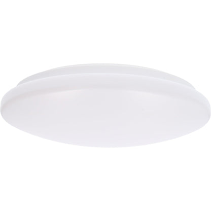 Een witte, ronde LED plafondlamp met glad oppervlak, geplaatst naast haar verpakking. Geschikt voor moderne badkamers en woonruimtes, met een minimalistisch design voor zacht, effen licht.