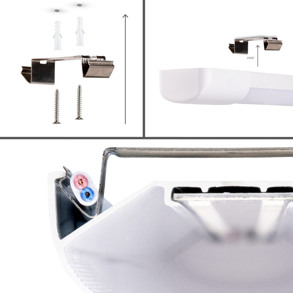 Een witte, rechte bewegingssensorlamp met een glanzend oppervlak en een zichtbare sensorkop. Geschikt voor automatische verlichting in gangen, kelders of buitenruimtes.