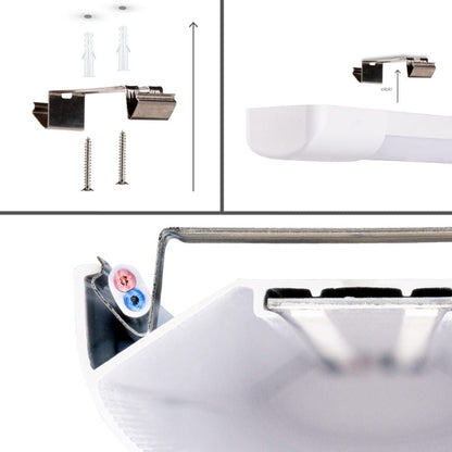 Een witte, rechte bewegingssensorlamp met een glanzend oppervlak en een zichtbare sensorkop. Geschikt voor automatische verlichting in gangen, kelders of buitenruimtes.