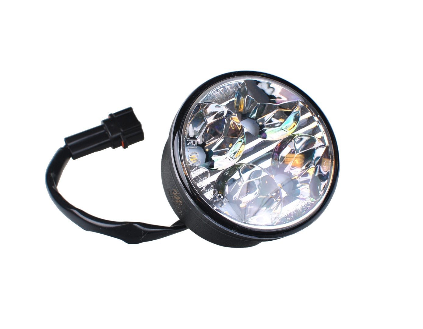 Zwarte ronde LED-verlichting met vier heldere lichtbronnen en glazen lens, voorzien van zwarte stekkerkabels. Ideaal voor gebruik als koplampen of achterlichten op voertuigen.