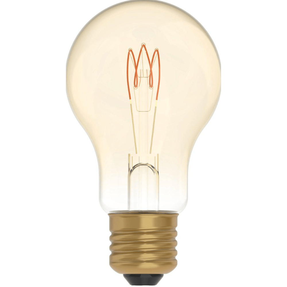 Een klassieke glazen filamentlamp met goudkleurige E27-schroefdraad, waarin zichtbare koperen draden een warme gloed creëren. Perfect voor vintage interieurs of sfeerverlichting.
