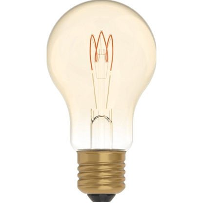 Een klassieke glazen filamentlamp met goudkleurige E27-schroefdraad, waarin zichtbare koperen draden een warme gloed creëren. Perfect voor vintage interieurs of sfeerverlichting.