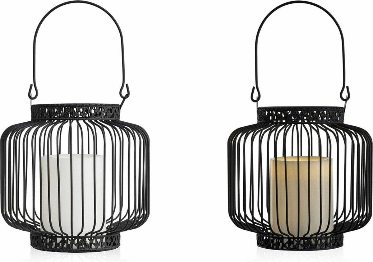 LED Lantaarn basket met LED kaars voor binnen en buiten - Draadloos op batterijen - Zwart
