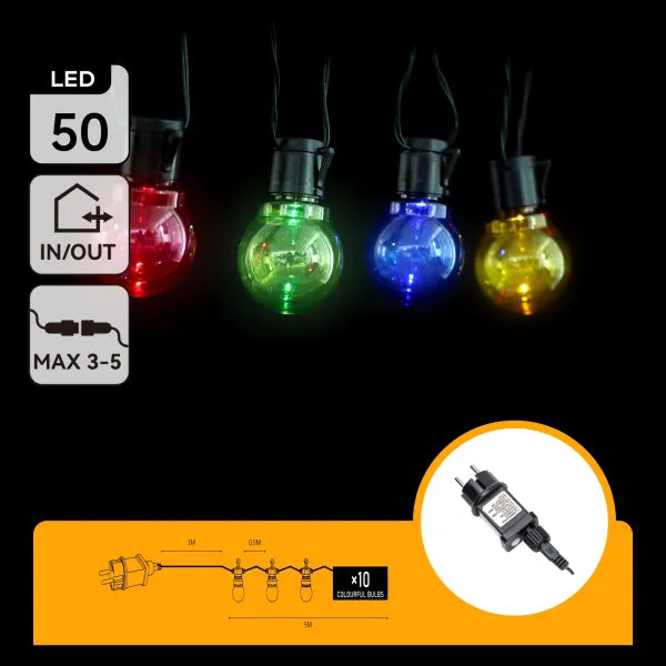 Rode, groene, blauwe en gele LED-verlichting met glazen lampen en zwarte kabels, geschikt voor binnen- en buitenruimte. Inclusief stekker en schema voor 10 kleurrijke lampen.