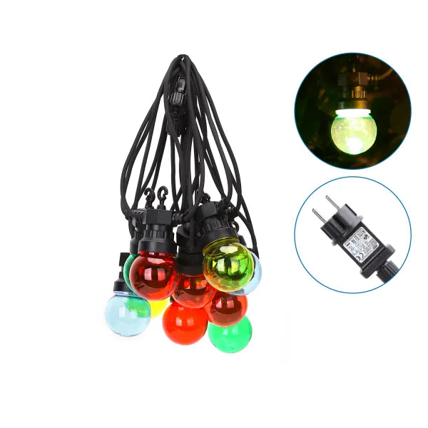 Lichtstring kleur 8 meter (3+5) - 10 LED's meerkleurig | sproeidicht IP44 - koppelbaar (max 5) | 230VAC - 24V | met timer 6u aan/18u uit