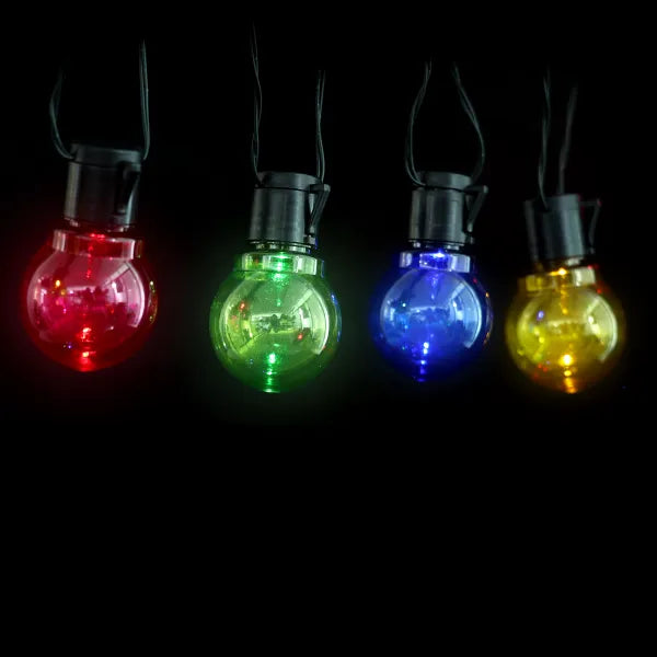 Kleurrijke LED-verlichting met 10 glazen lampen in rood, groen, blauw en geel, geschikt voor binnen- en buitengebruik. Inclusief stroomadapter en schakelaar voor feestelijke sfeer.