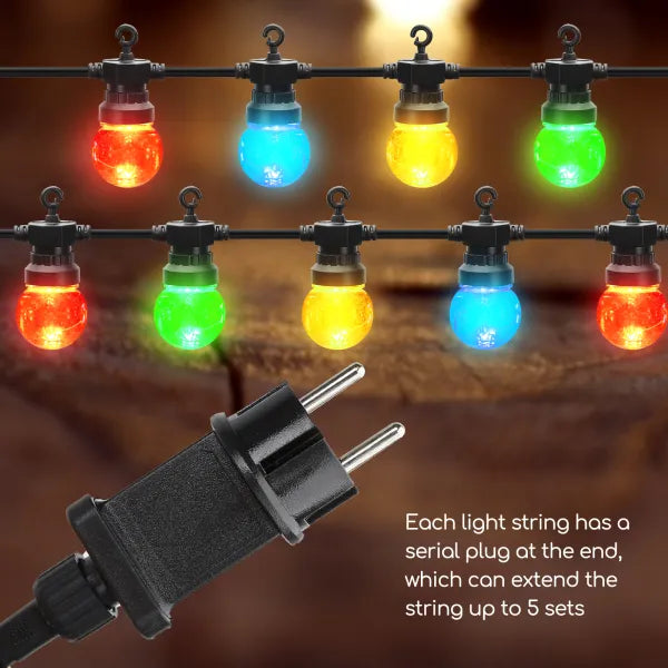 Lichtstring kleur 8 meter (3+5) - 10 LED's meerkleurig | sproeidicht IP44 - koppelbaar (max 5) | 230VAC - 24V | met timer 6u aan/18u uit