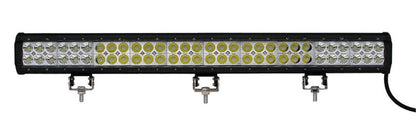 Zwarte LED-verlichtingsstang met gele en witte lampen, uitgerust met metalen bevestigingsklemmen. Geschikt voor gebruik op terreinvoertuigen en off-road toepassingen.