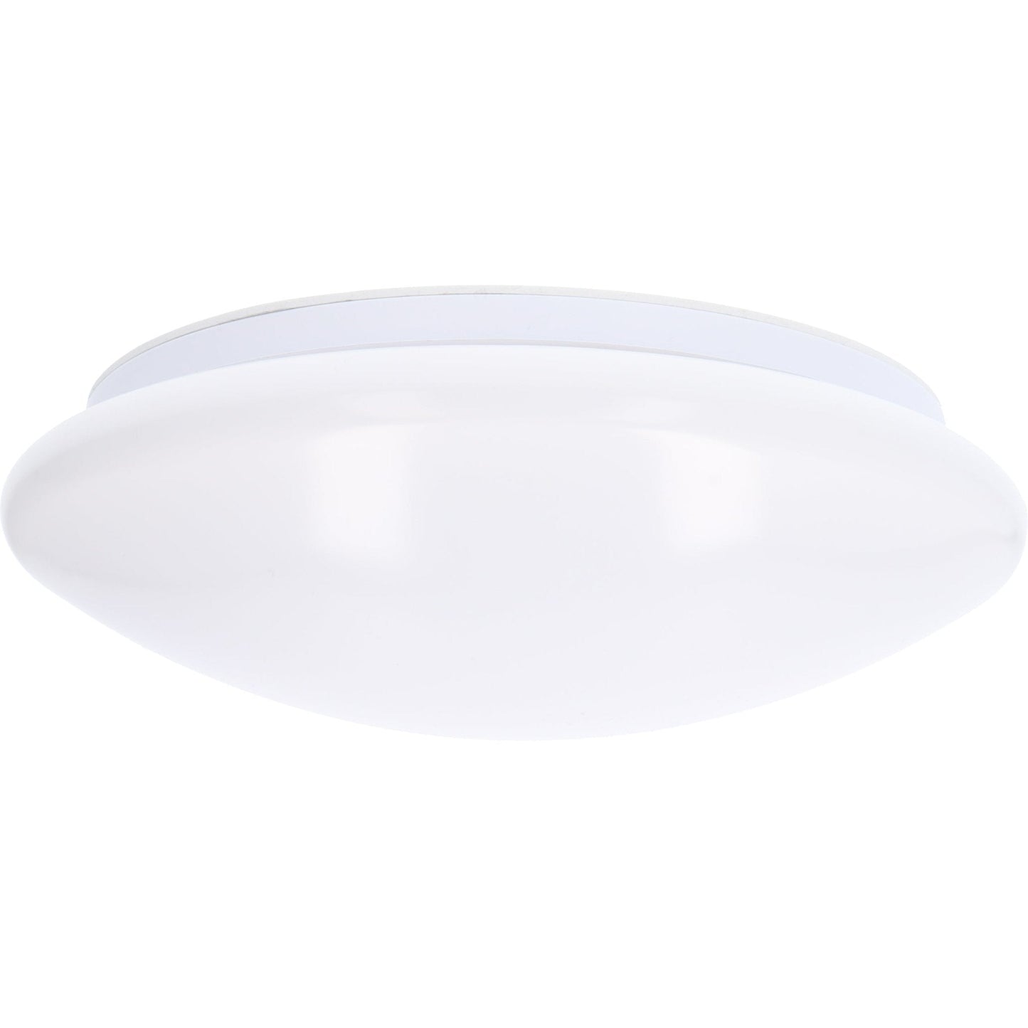 Een witte, ronde plafondlamp met een glanzende, mat-wit diffuser en een zilverkleurige rand. Geschikt voor moderne interieurs en als energiezuinige verlichting in woon- en werkkamers.